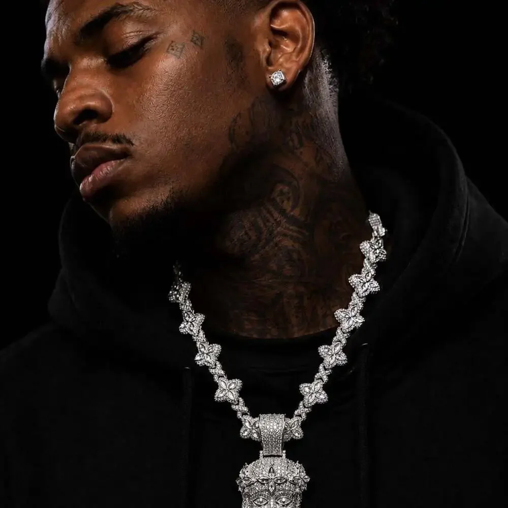 Silver Iced Jesus Clover Pendant Necklace – 20” Luxury Hip Hop Statement Chain